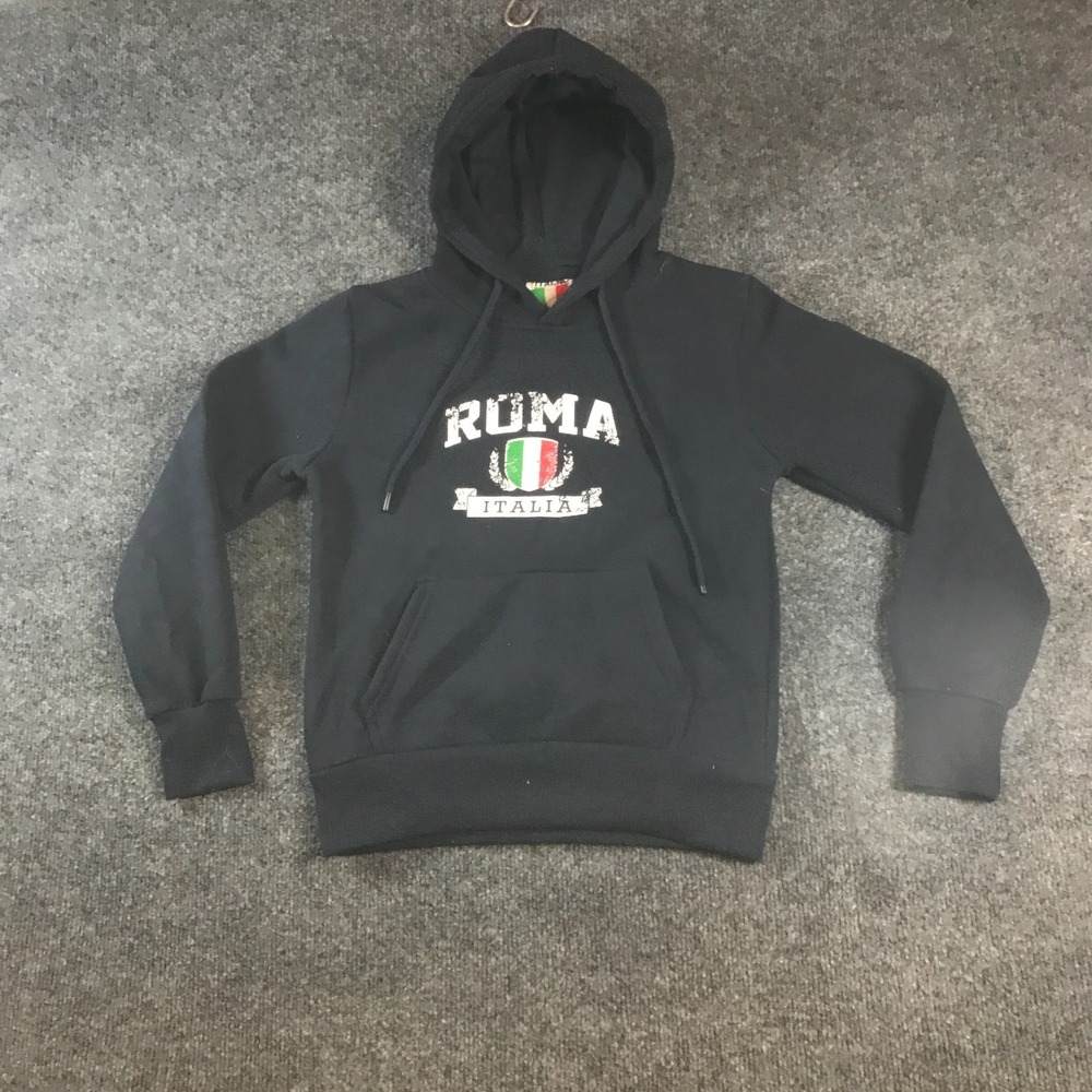 Roma Italia Hoodie Womens 7/8 Black Graphic Cotton Fleece Lined Kangaroo Pocket